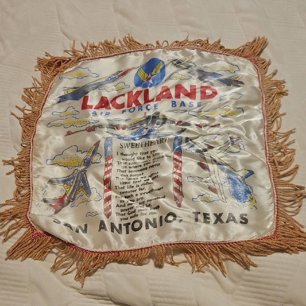 Lackland Air Force Base Souvenir Silk Fringed Pillow Cover - Red, Blue, Gold